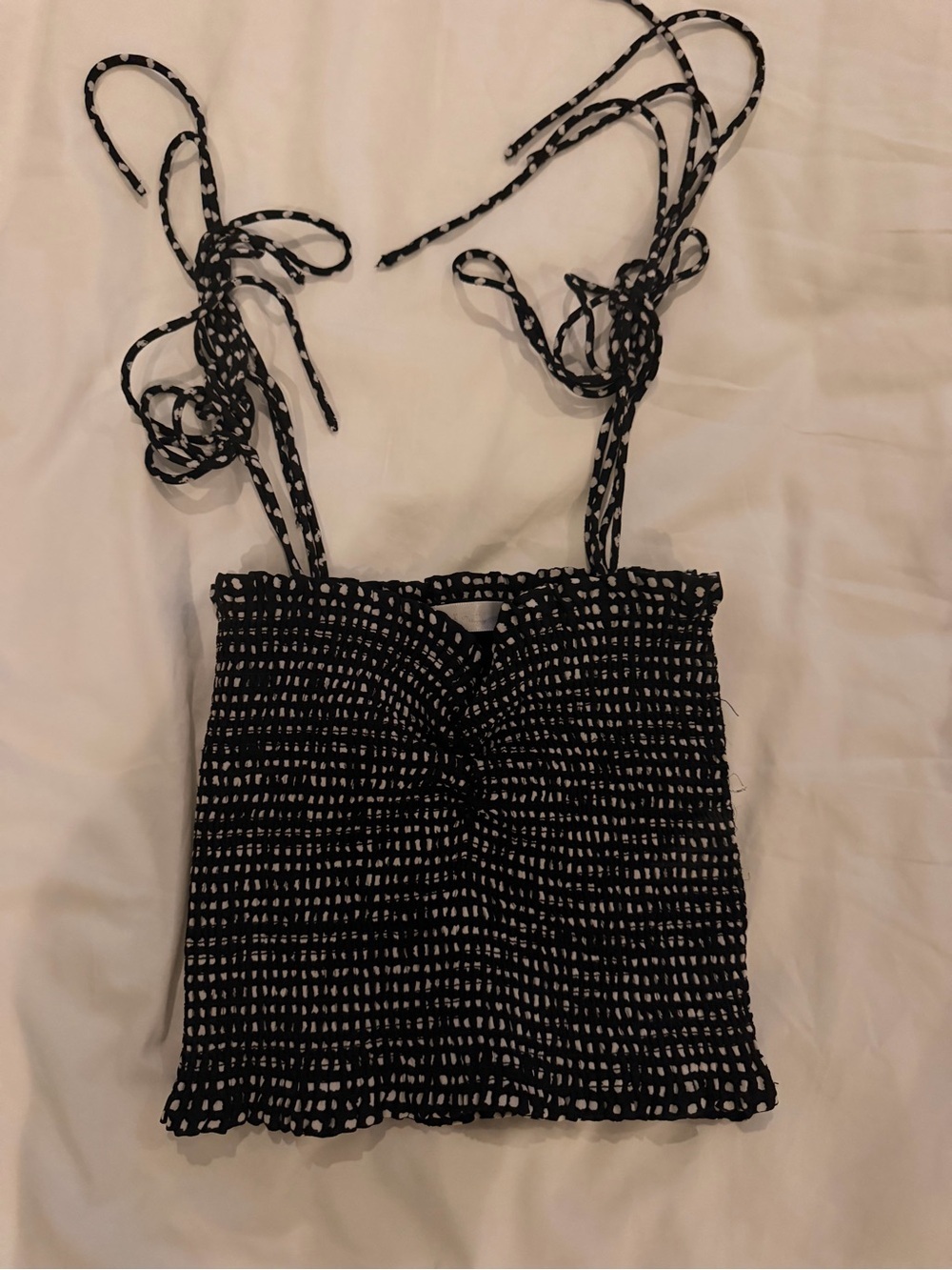 Black and White Smocked Tie-Strap Crop Top